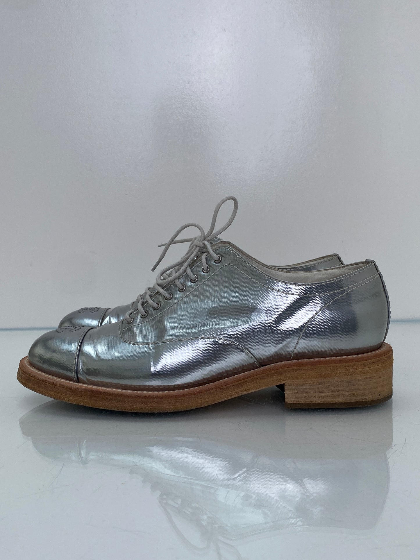 Chanel Silver CC Lace Up Oxfords, 40.5
