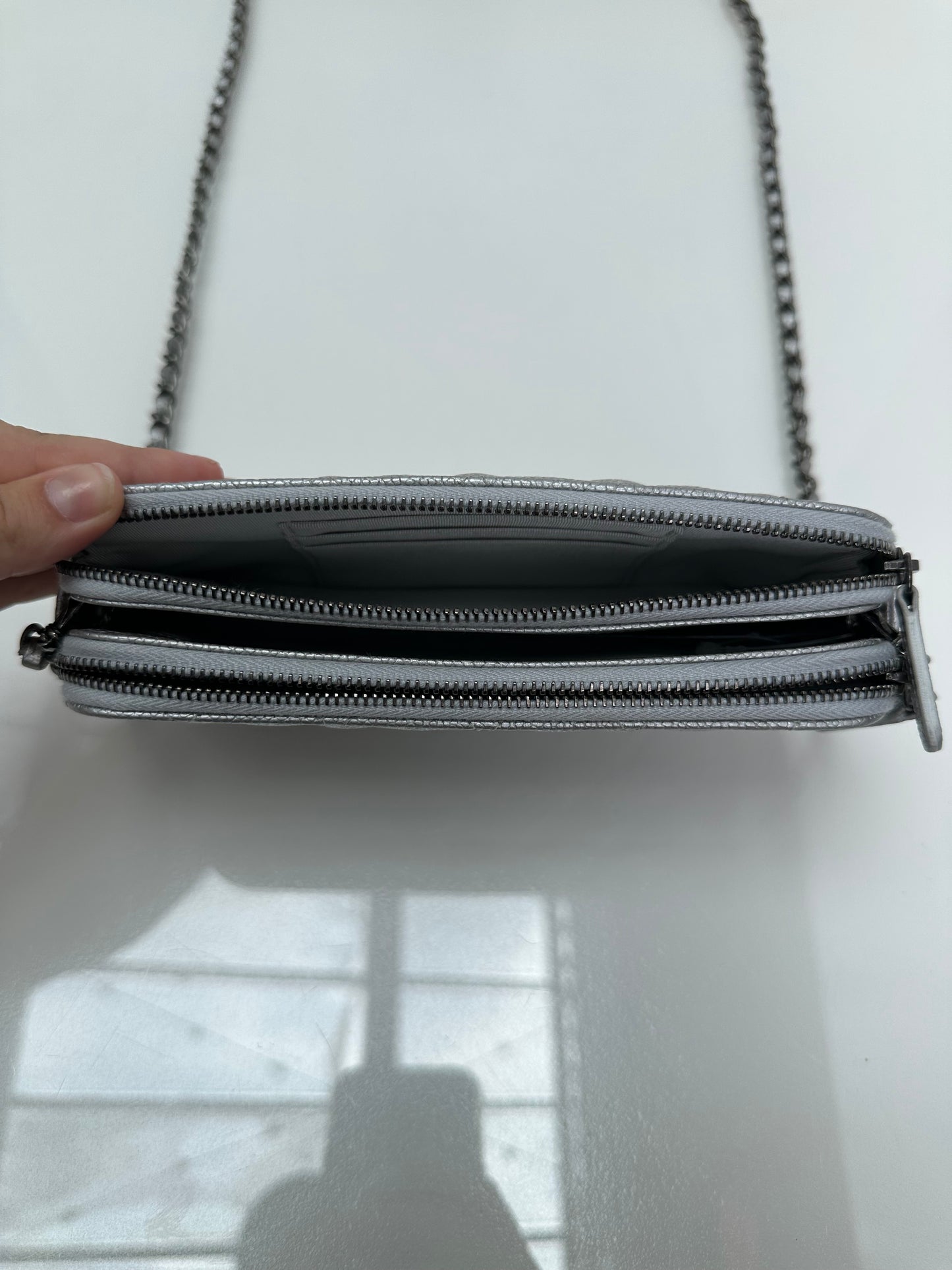 Chanel Double Zip Silver Metallic Caviar Clutch SHW #23