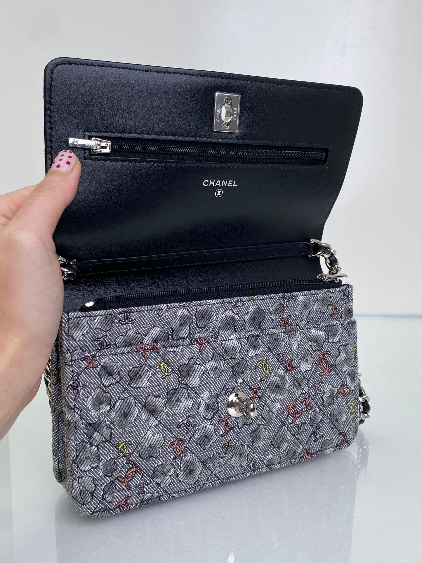 Chanel Grey & Multi Canvas CC Cloud Wallet On Chain Bag SHW