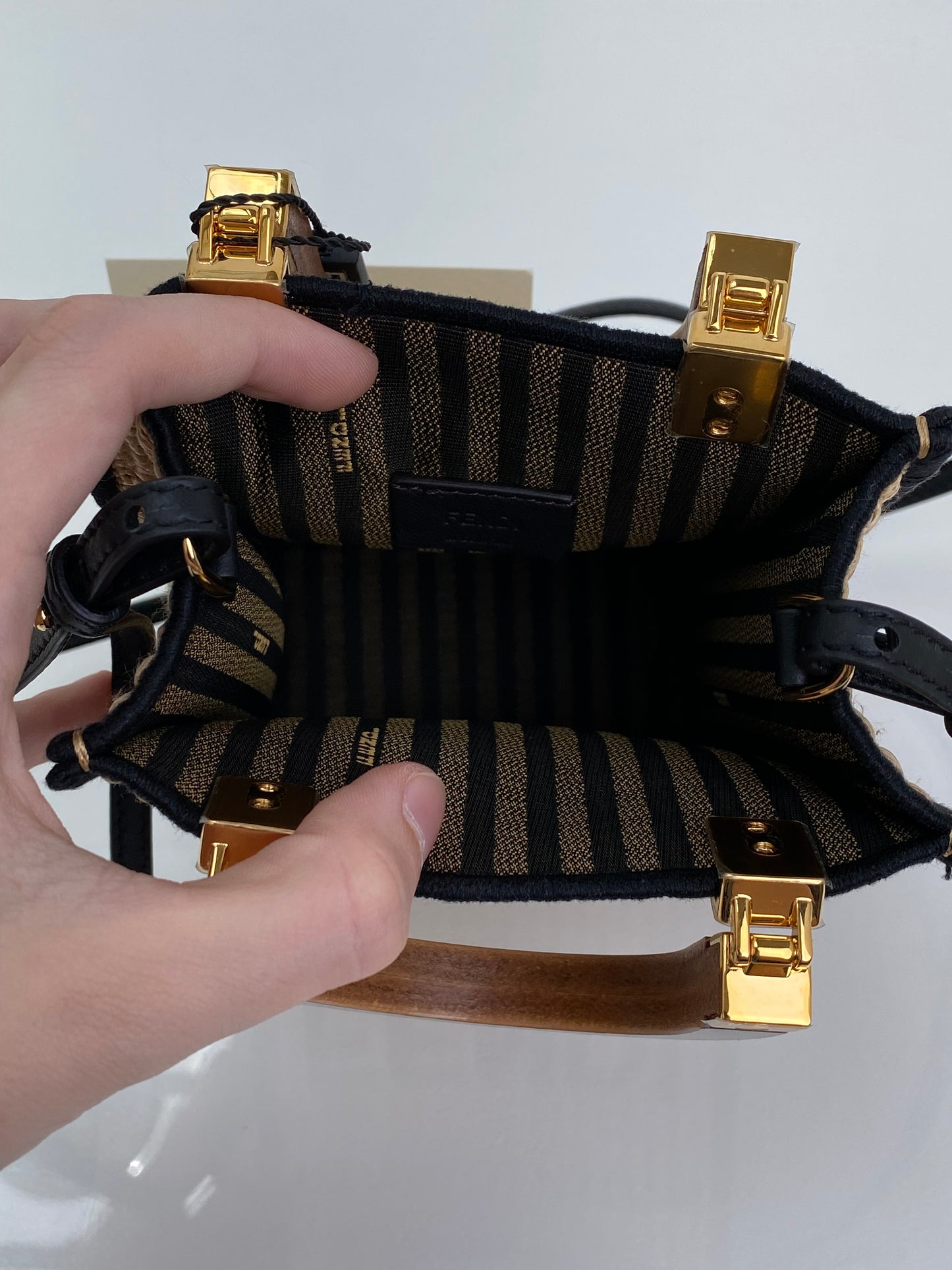 Fendi Tan & Black Raffia Sunshine Mini Shopper Tote Bag GHW