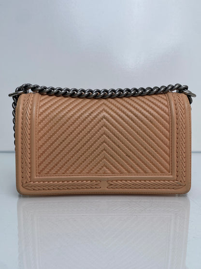 Chanel Medium Boy Bag Beige Stitched Chevron RHW #23