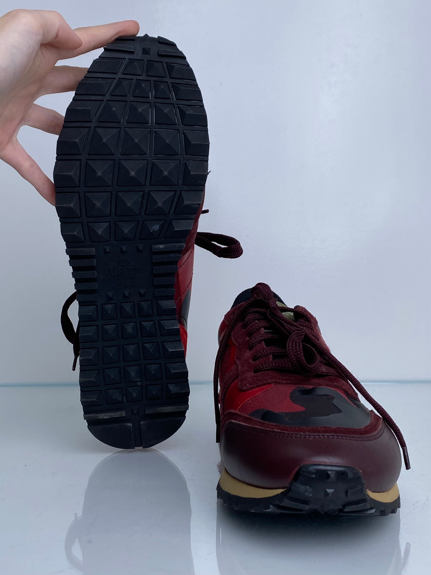 Valentino Men’s Red & Burgundy Suede Camo Sneakers, 43