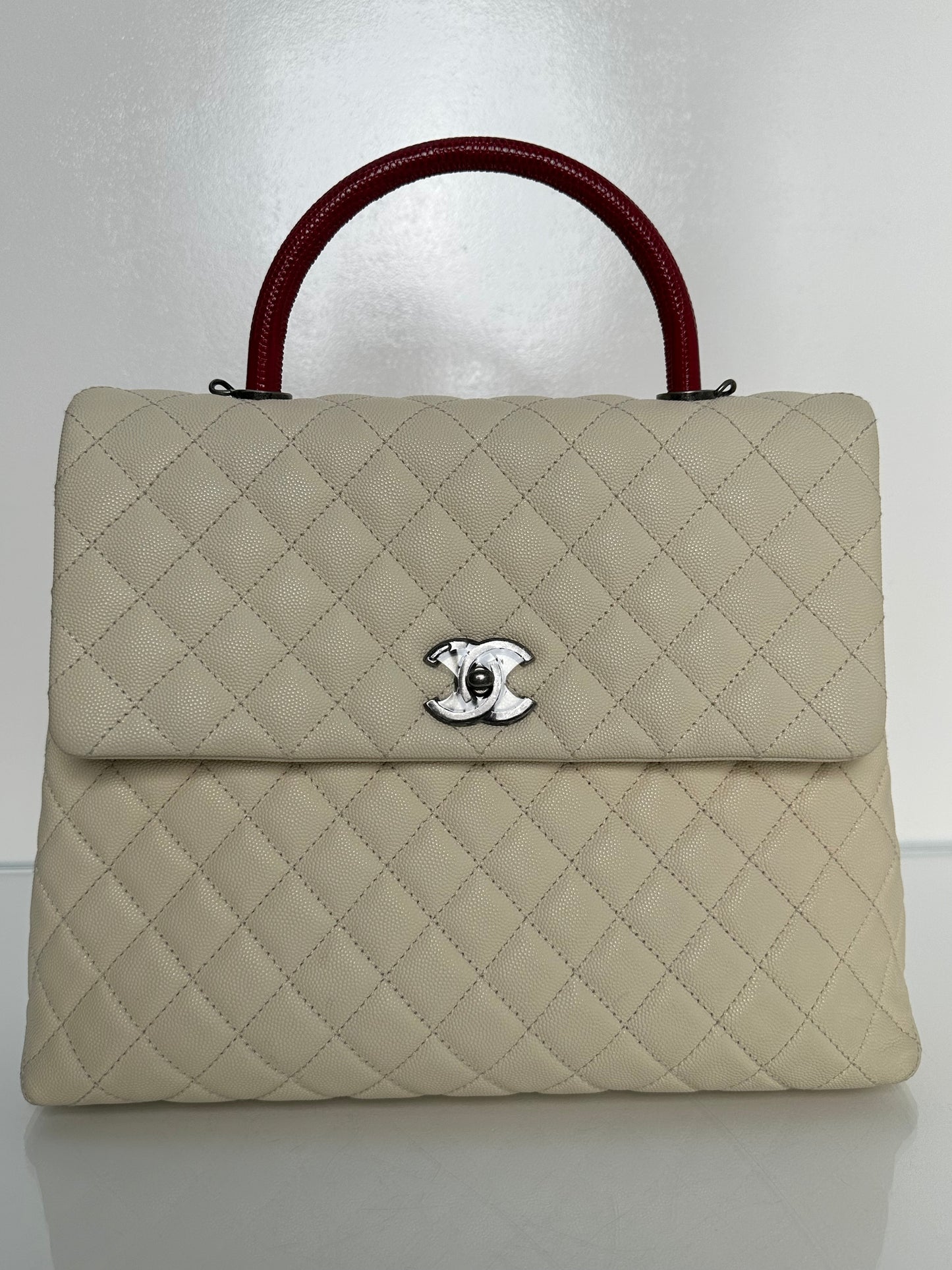 Chanel Cream/Red Lizard Coco Handle Large Bag RHW