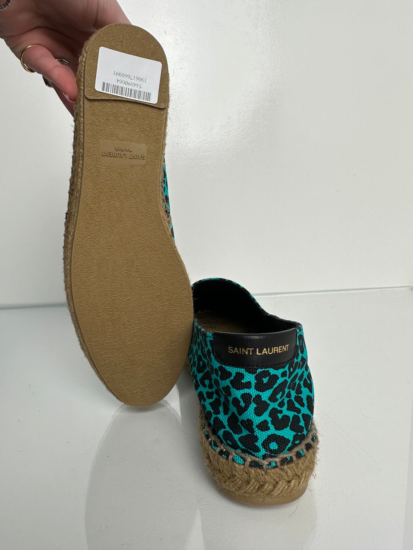 Saint Laurent Black & Teal Leopard Print Loafers, 36.5