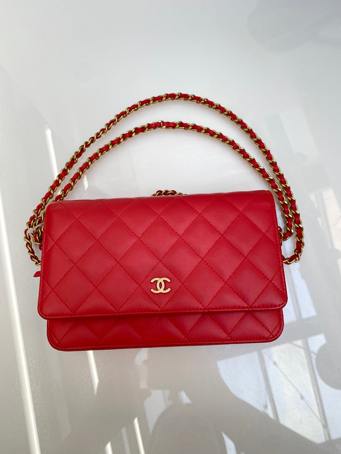 Chanel Red Quilted Lambskin Leather GHW Wallet on Chain