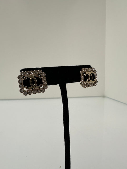 Chanel CC Logo Gold Crystal Square CC Earrings