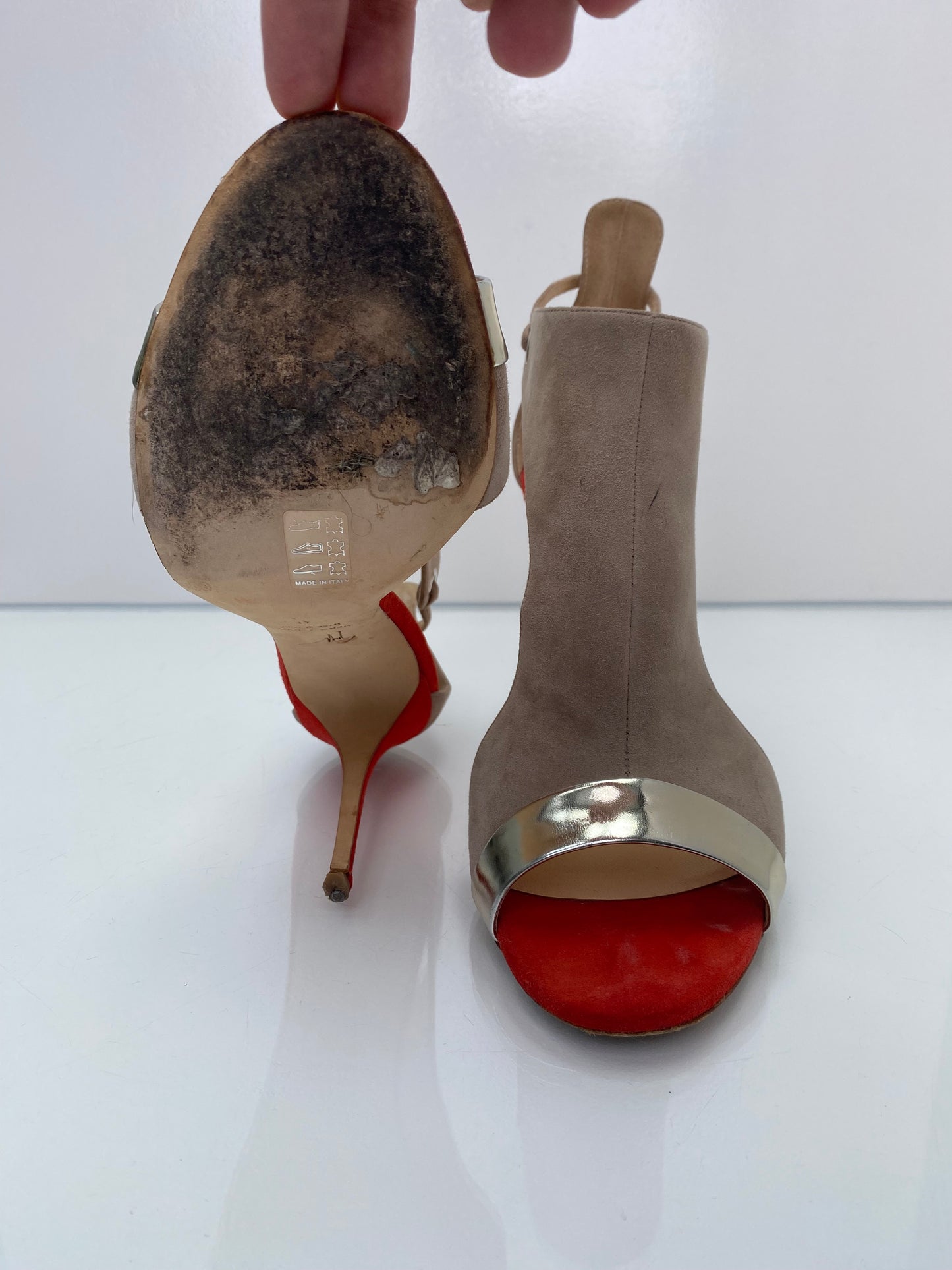Giuseppe Zannoti Taupe, Red, & Metallic Mistico Heels, 11