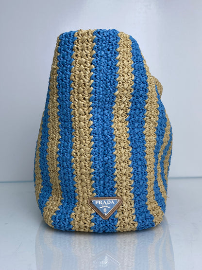 Prada Tan & Blue Striped Raffia Tote Bag SHW