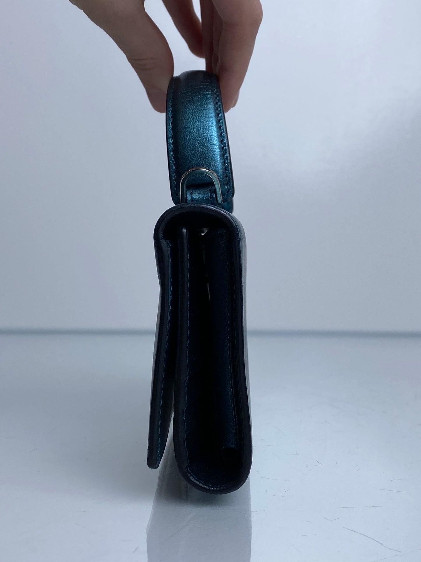 Ferragamo Metallic Teal Tophandle Wallet Crossbody Bag SHW