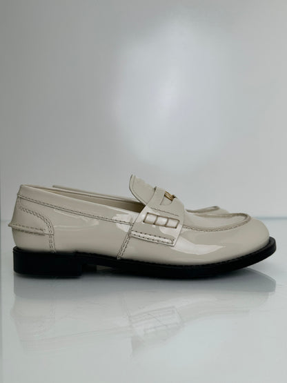 Miu Miu Cream Patent Leather Penny Coin Loafers, 38