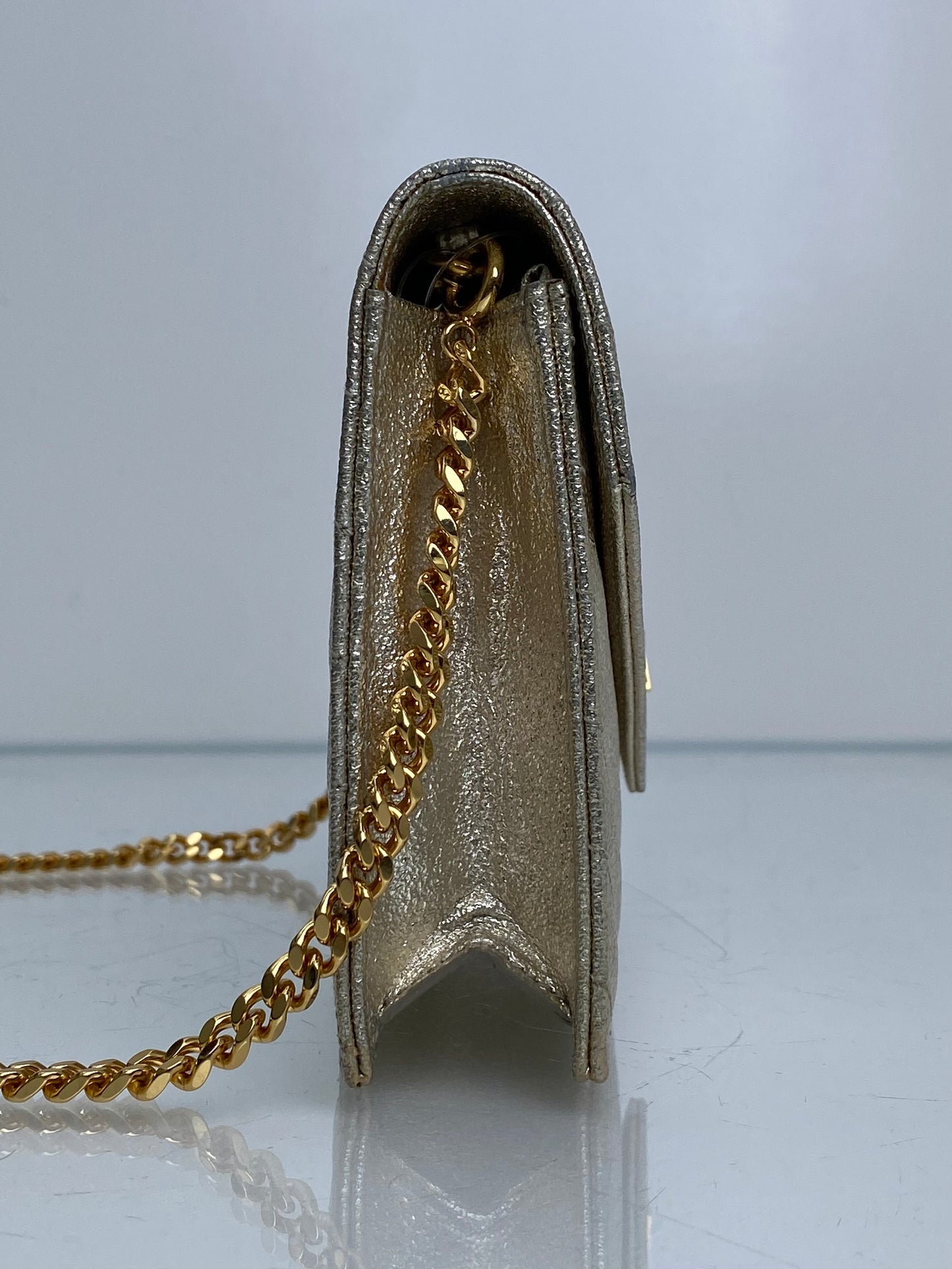 Saint Laurent Cassandra Silver Metallic Chevron Wallet On Chain GHW