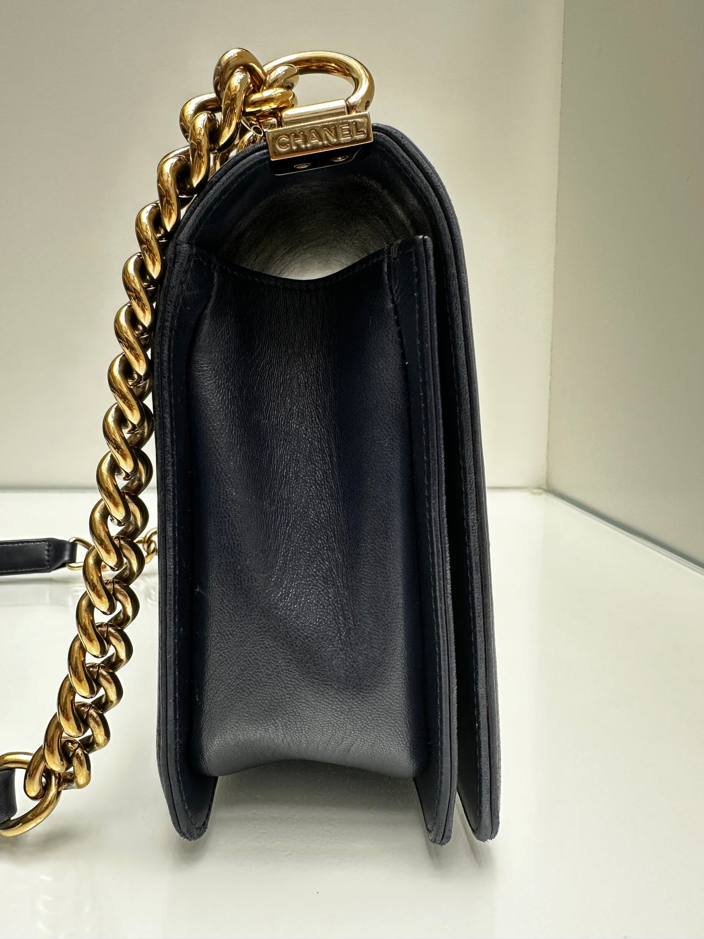 Chanel Navy Lambskin Leather Boy Bag GHW