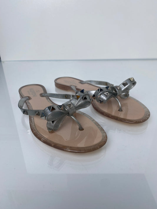 Valentino Silver Studded Flip Flops, 40