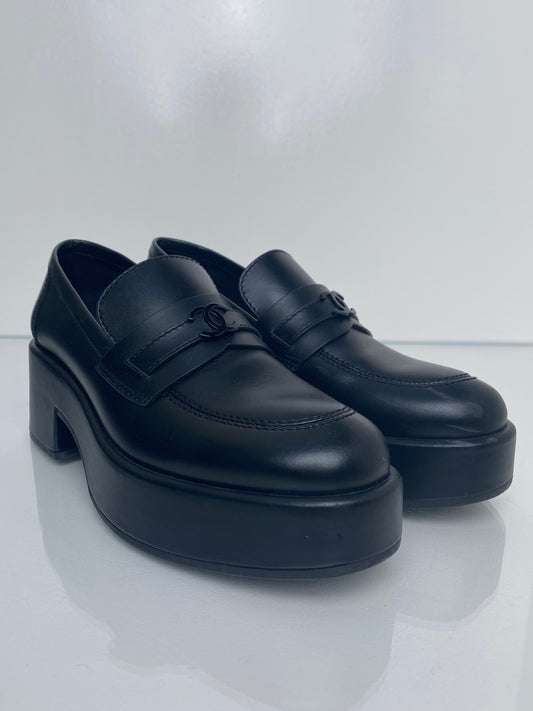 Chanel Black Calfskin CC Platform Loafers, 39 (As Is)