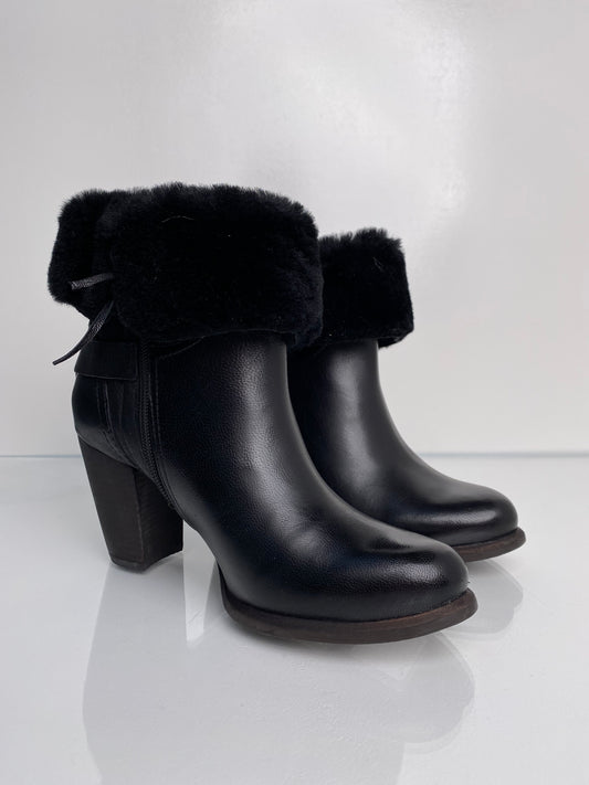 Ugg Black Leather & Fur Heeled Boots, 7