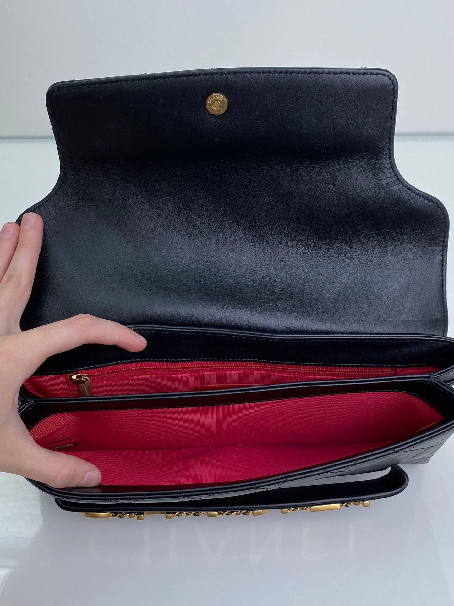 Chanel Black Logo Enchained Flap Quilted Calfskin Clutch GHW