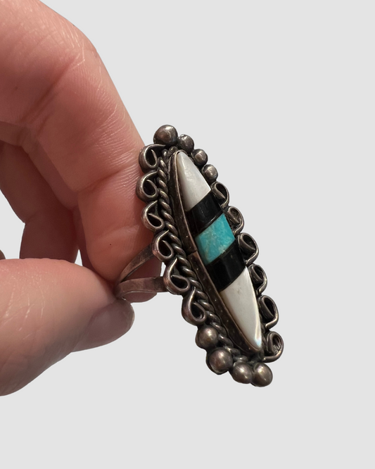 Vintage Inlaid Sterling Silver, Turquoise and Onyx Ring, 8.75