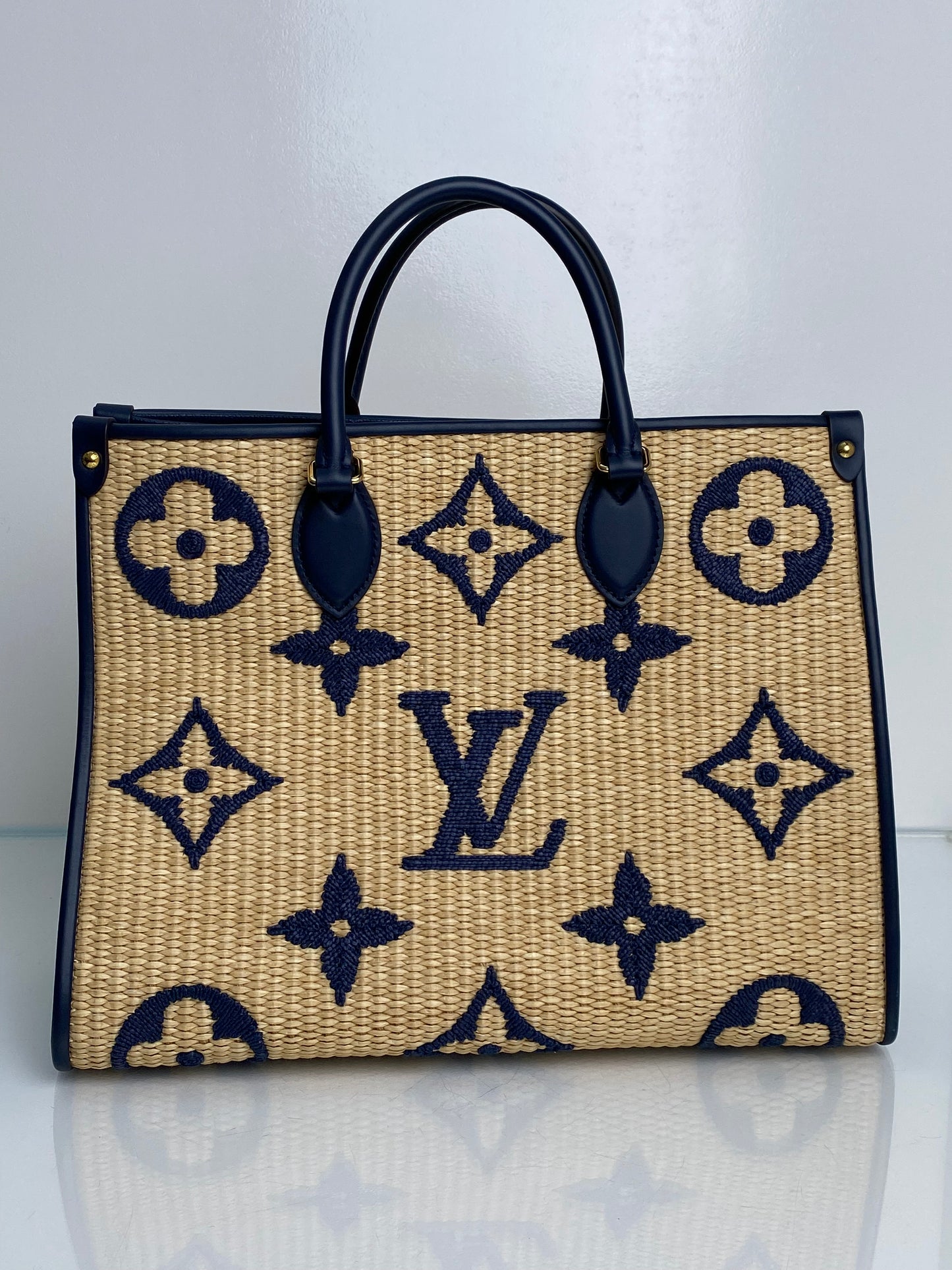 Louis Vuitton Tan & Navy Raffia On The Go Bag GHW