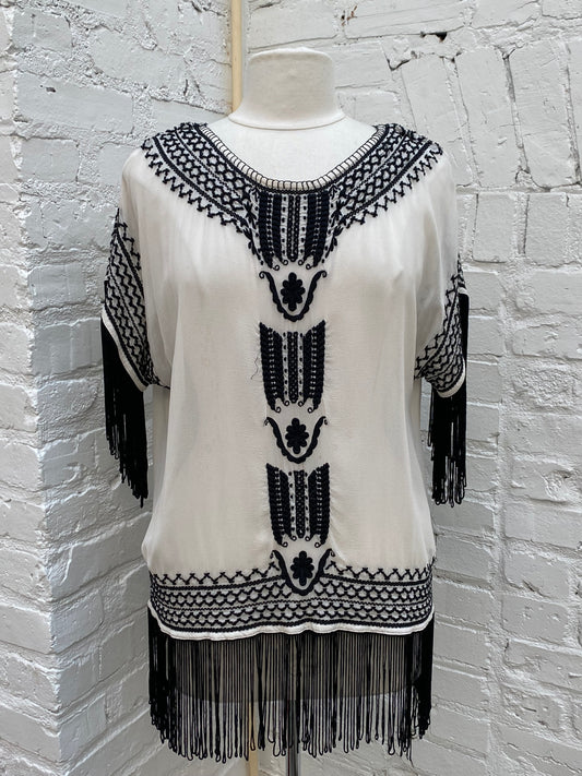 Alice + Olivia Black/White Sheer Silk Fringe Top, S/M