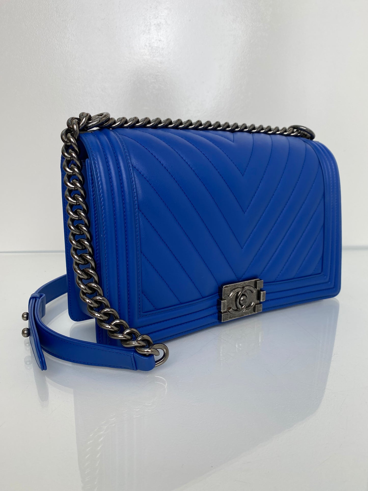 Chanel Cobalt Blue Chevron Lambskin Medium Boy Bag RHW
