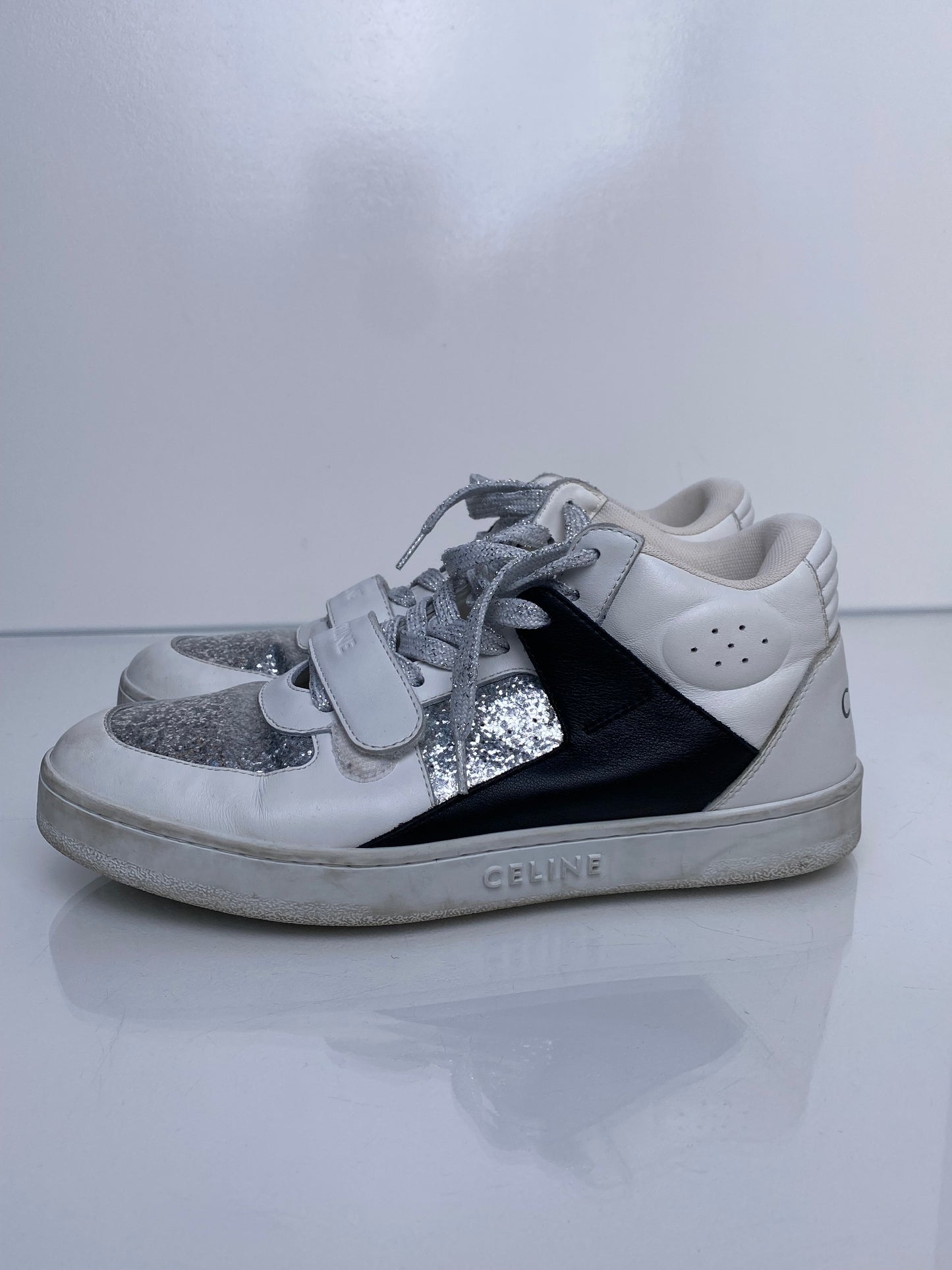 Celine White, Silver, & Black High Top Sneakers, 39