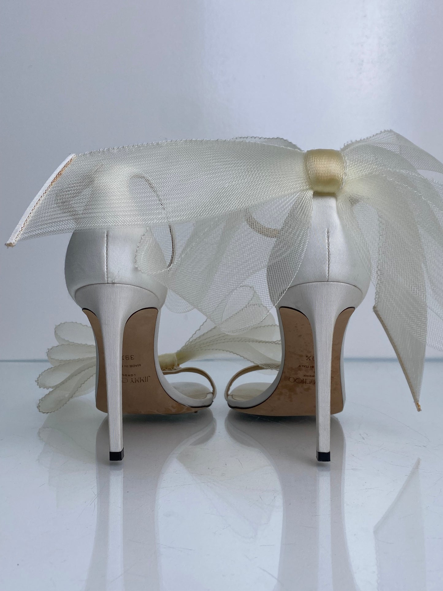 Jimmy Choo Cream Satin & Tulle Bow Heels, 39.5