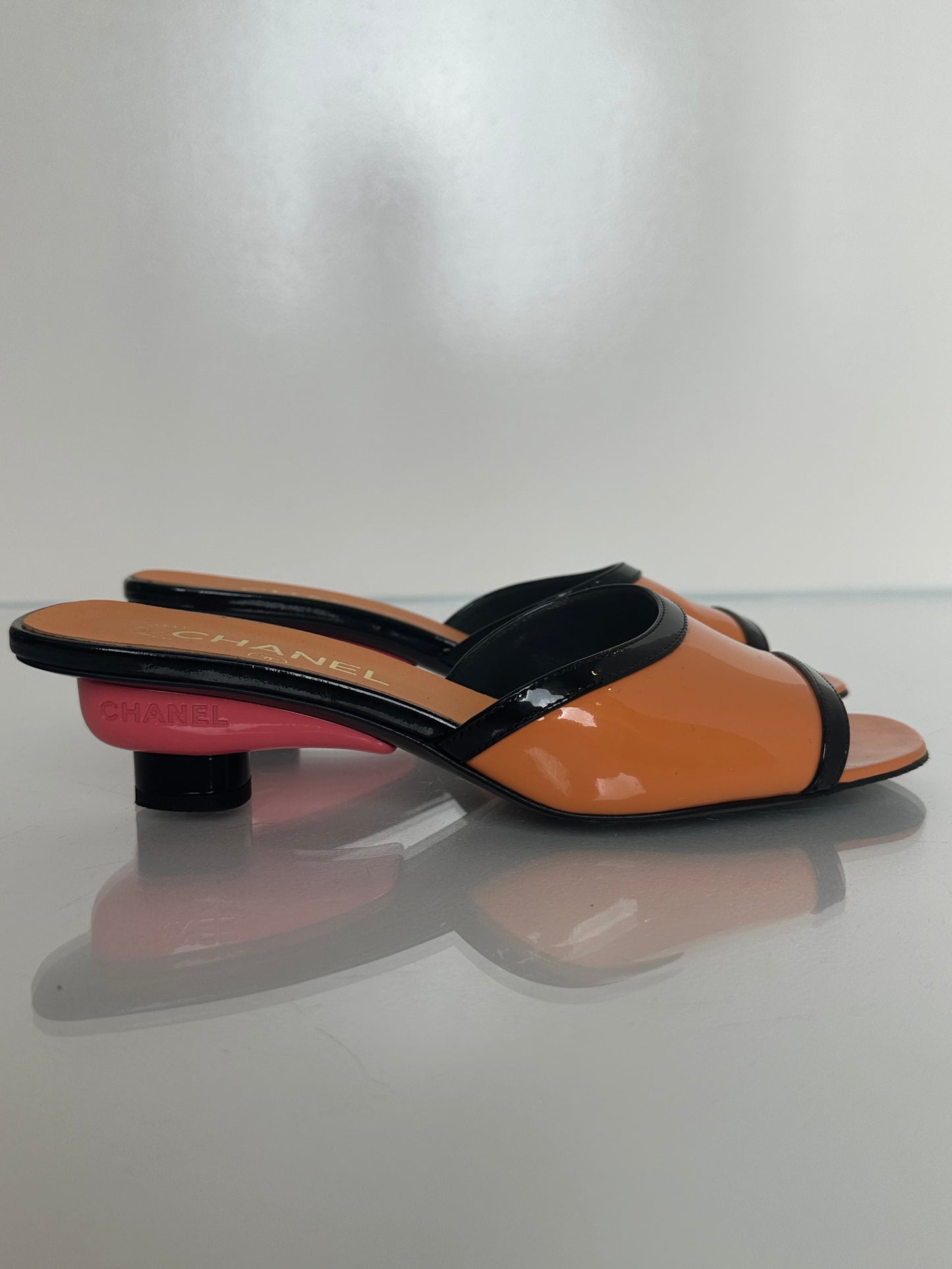 Chanel Orange, Pink, & Black Patent Kitten Heels, 37