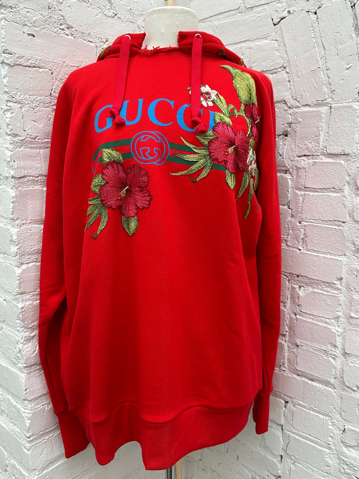 Gucci Red GG Floral Embroidered Logo Hoodie, L