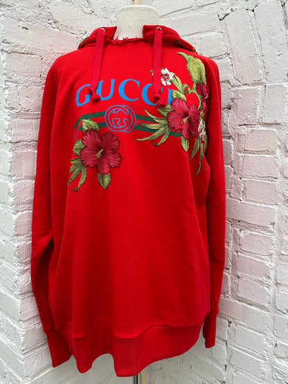 Gucci Red GG Floral Embroidered Logo Hoodie, L