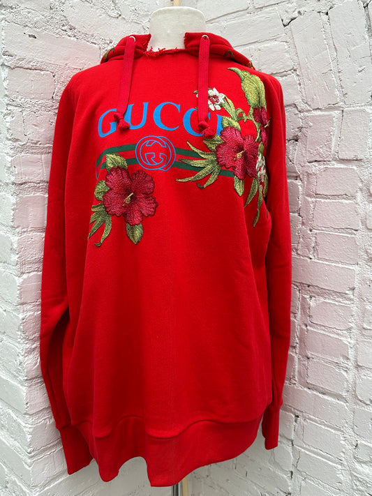 Gucci Red GG Floral Embroidered Logo Hoodie, L