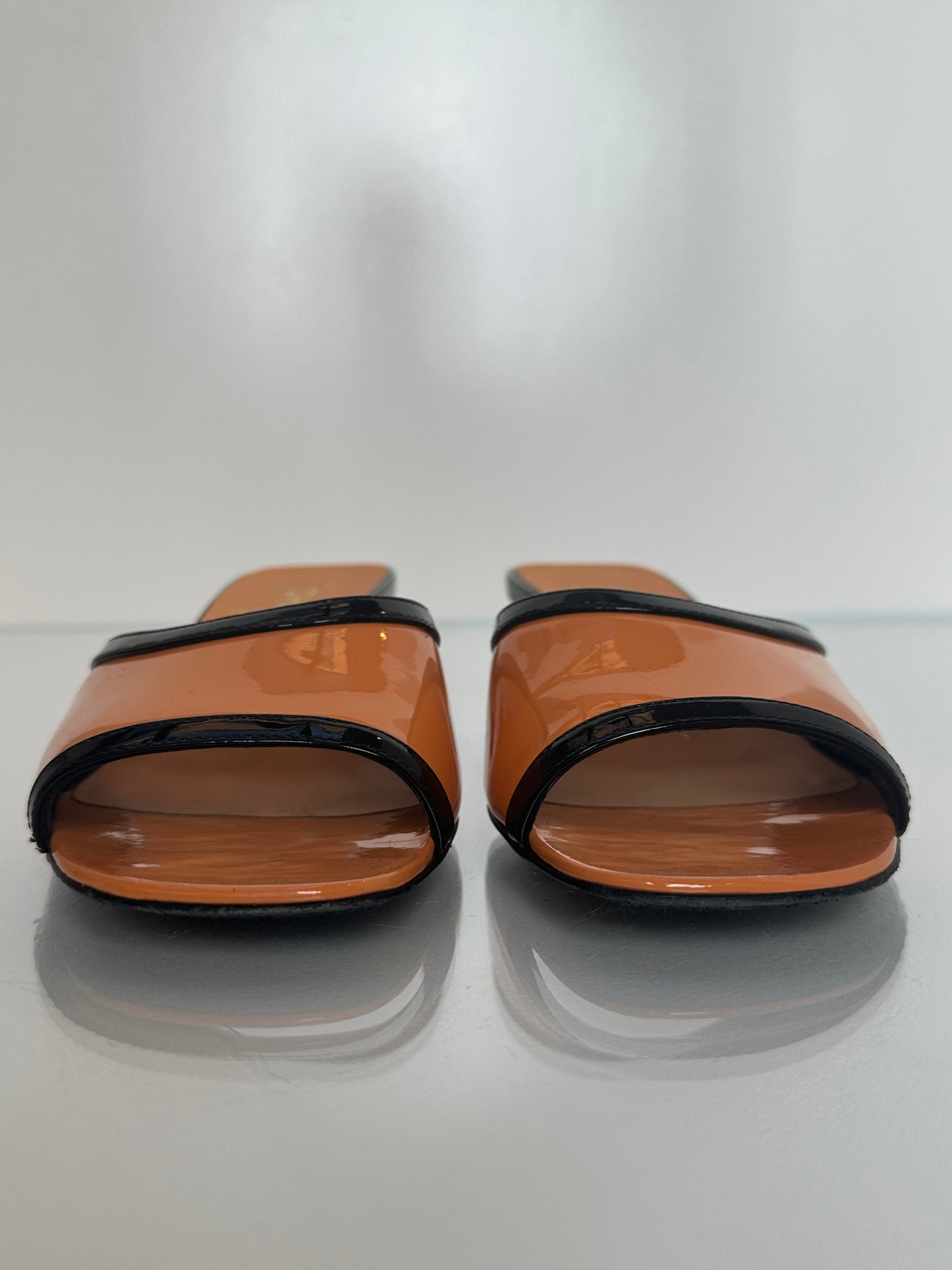 Chanel Orange, Pink, & Black Patent Kitten Heels, 37