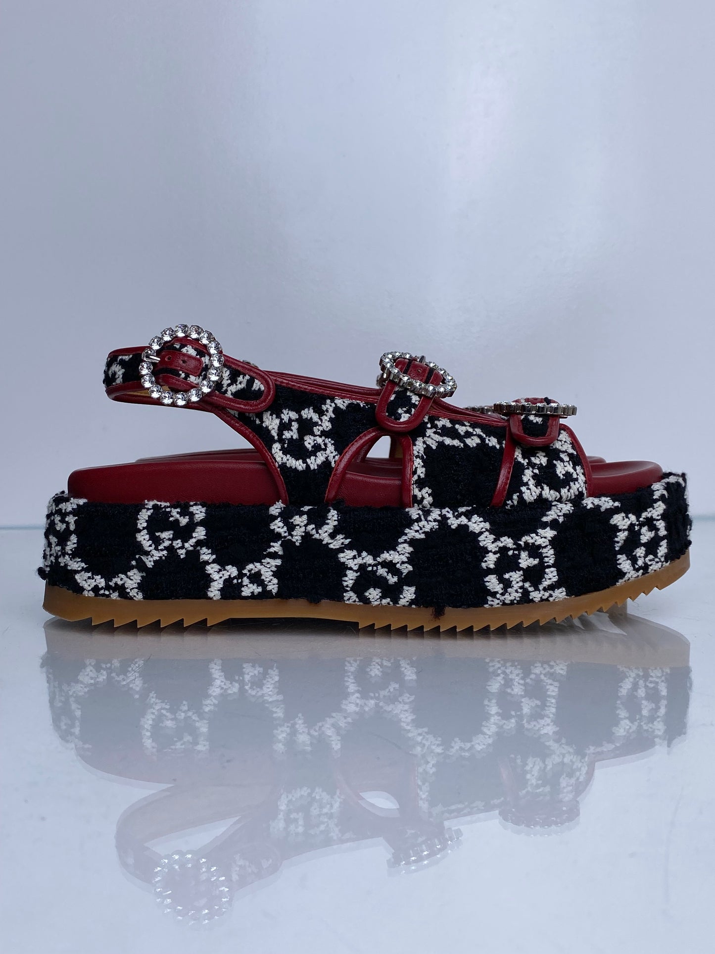 Gucci Red, Black, & White Tweed GG Platform Dad Sandals, 39