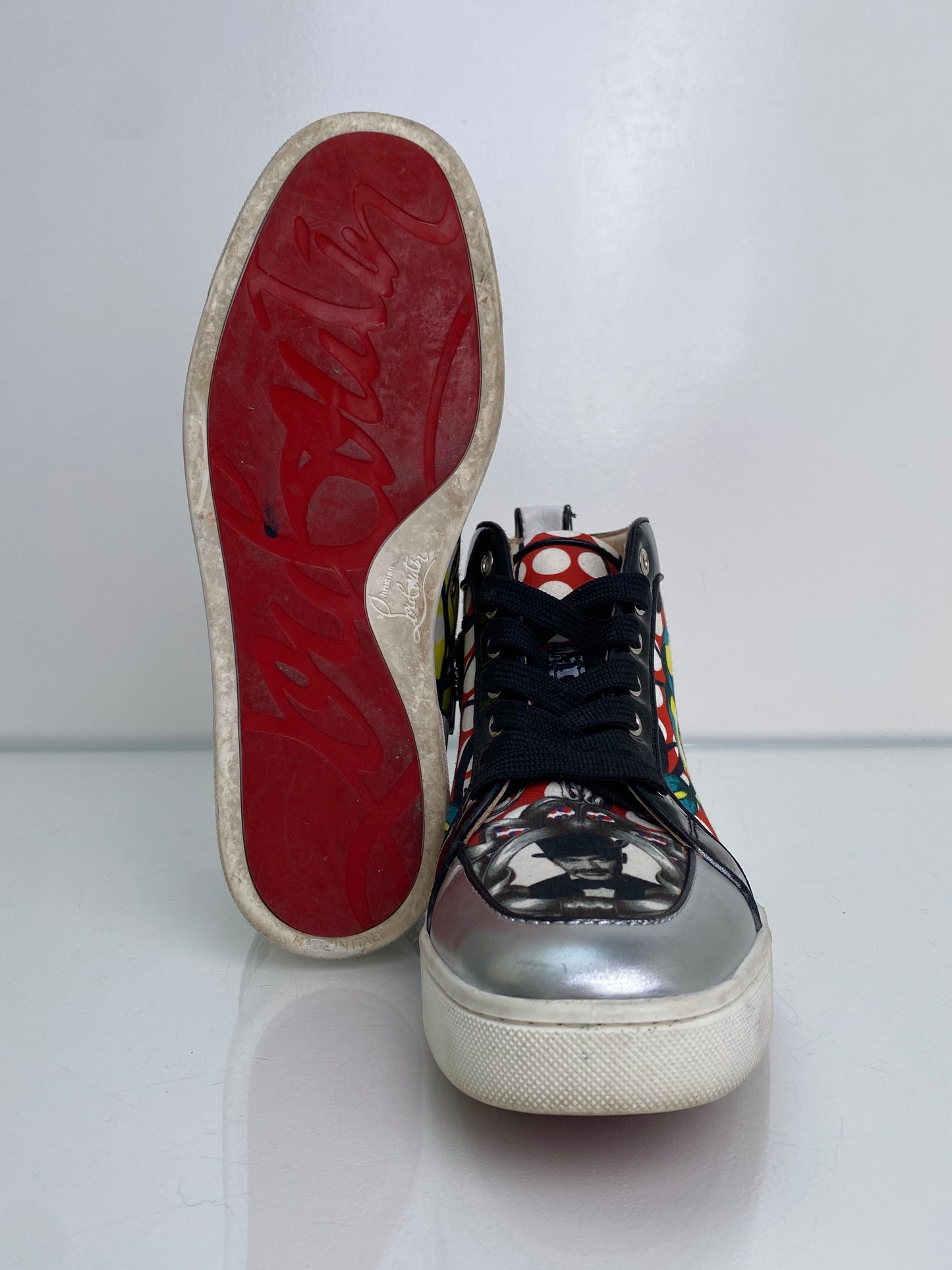 Christian Louboutin Black, Silver, & Multicolor High Top Sneakers, 39