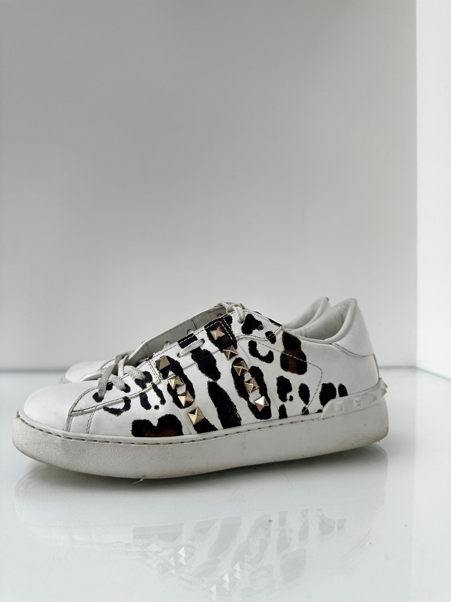 Valentino Cheetah & White Leather Studded Sneakers, 38.5