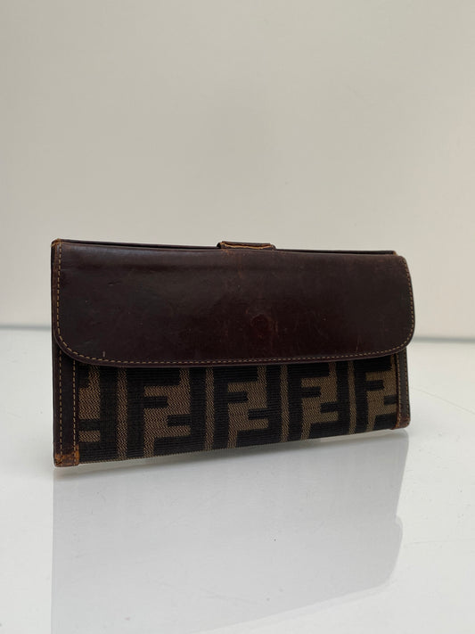 Fendi Brown Leather & FF Zucca Print Snap Wallet