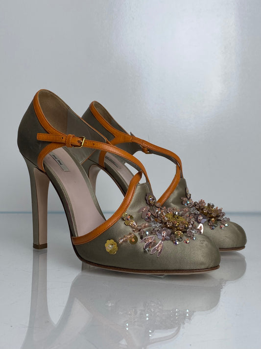 Miu Miu Grey/Orange Silk Floral Embellished Heels, 39