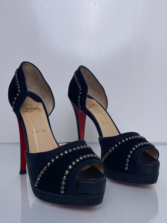 Christian Louboutin Black Canvas, Suede, & Studded  Peep Toe Heels, 38