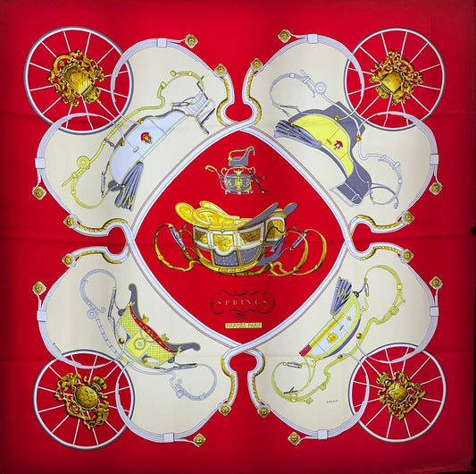 Hermes Red, White & Gold Scarf