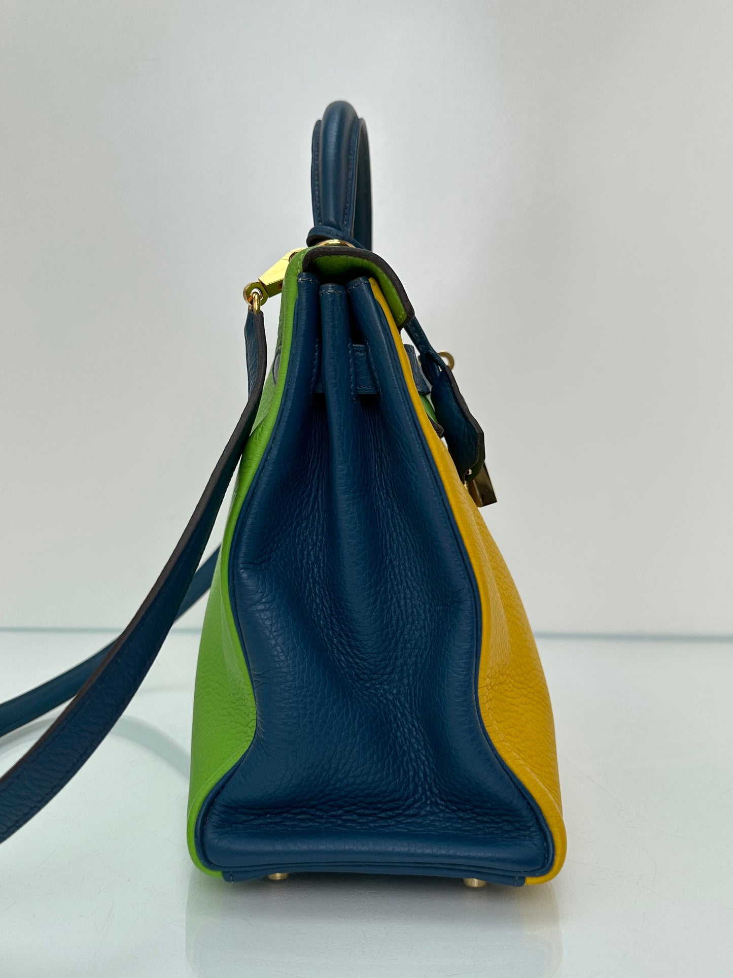 Hermes Kelly 32 Vert Cru, Jaune, and Blue Thalassa Clemence GHW #G