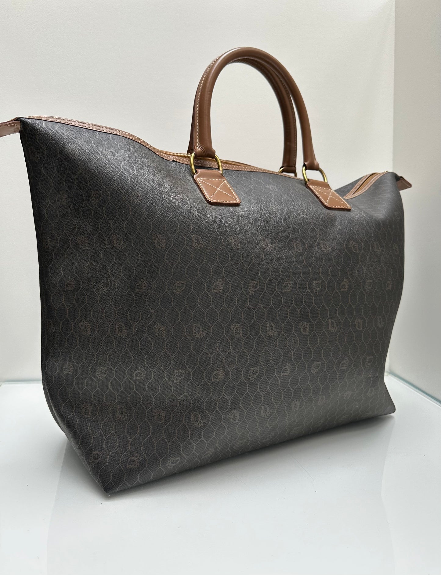 Christian Dior Brown Leather Honeycomb Luggage Tote