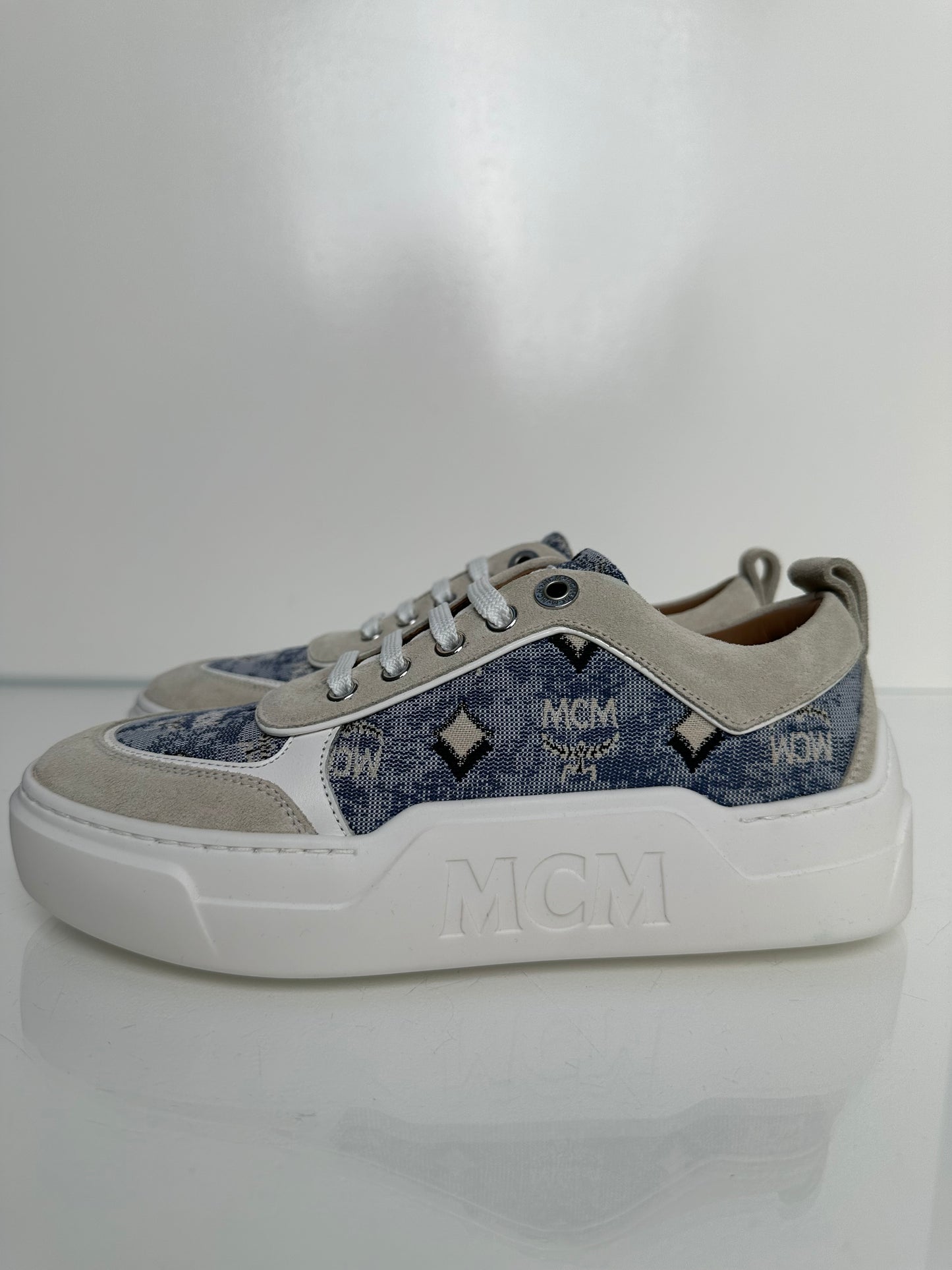 MCM Blue & Cream Denim Monogram Sneaker, 36