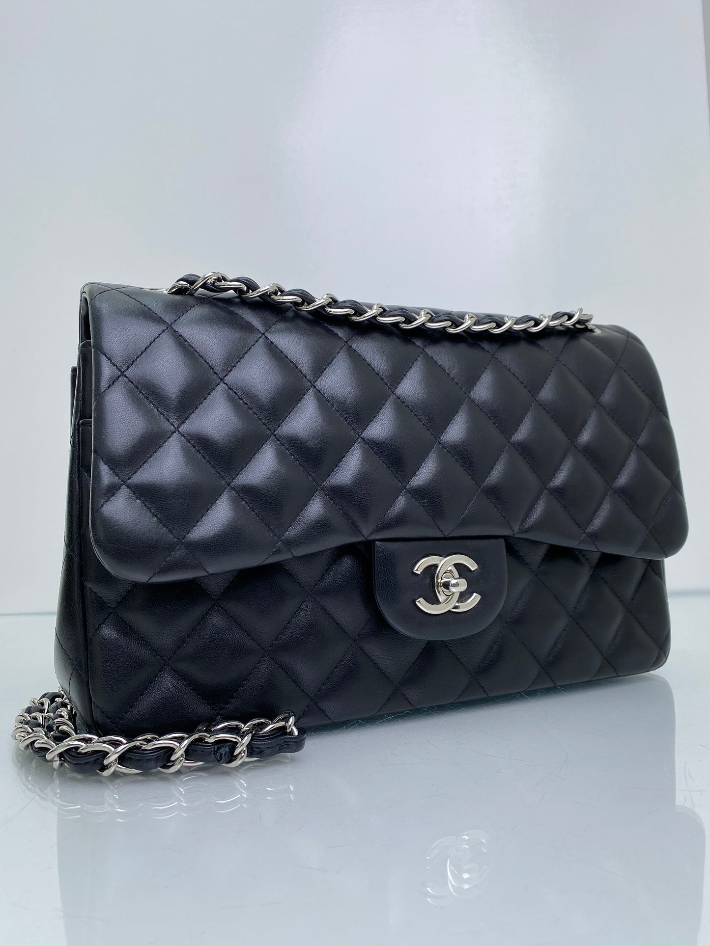 Chanel Black Classic Jumbo Lambskin Double Flap Bag SHW #19
