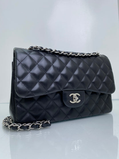 Chanel Black Classic Jumbo Lambskin Double Flap Bag SHW #19