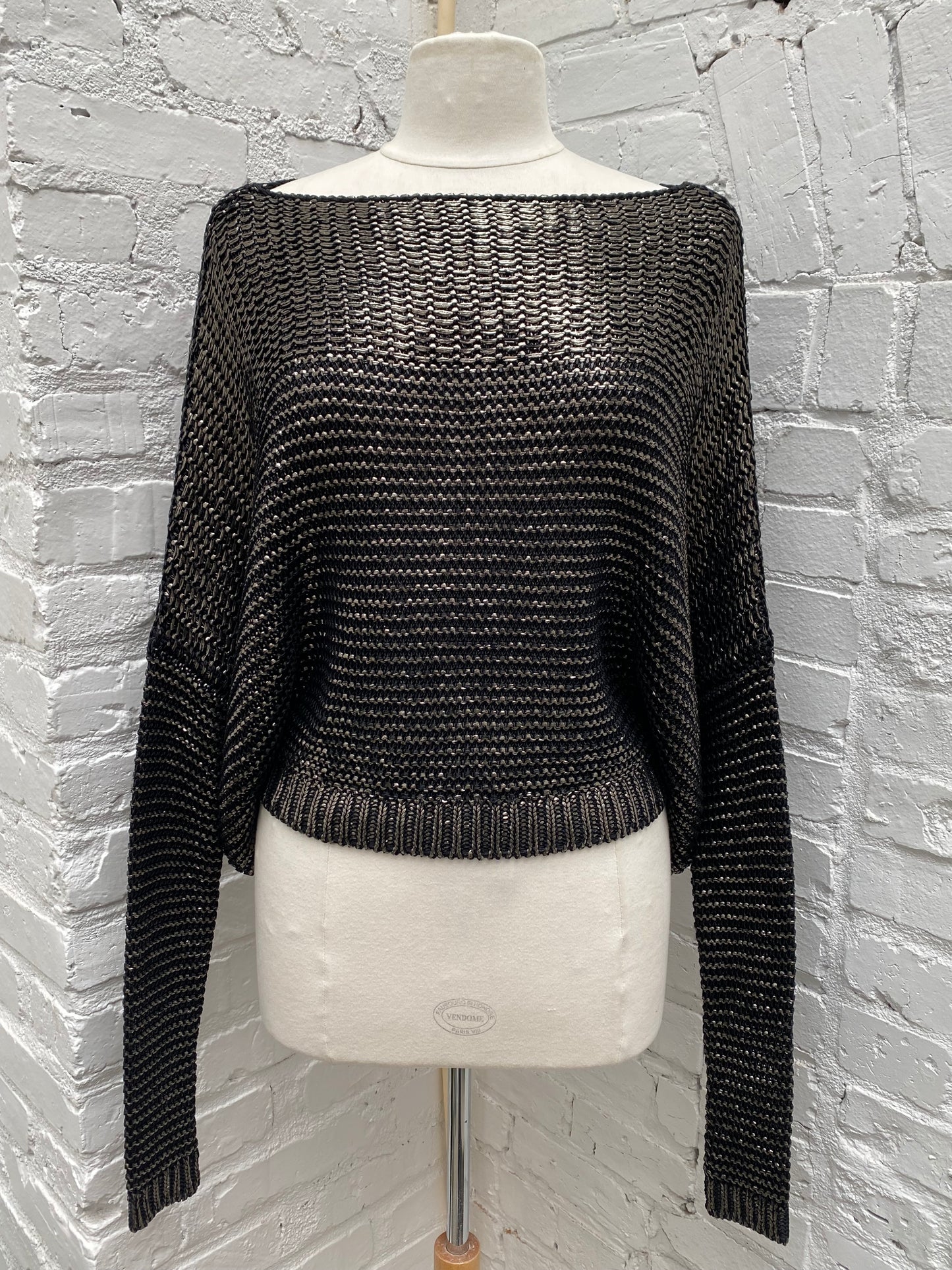Tom Ford Black & Silver Wool & Silk Knit Long Sleeve Top, EST L