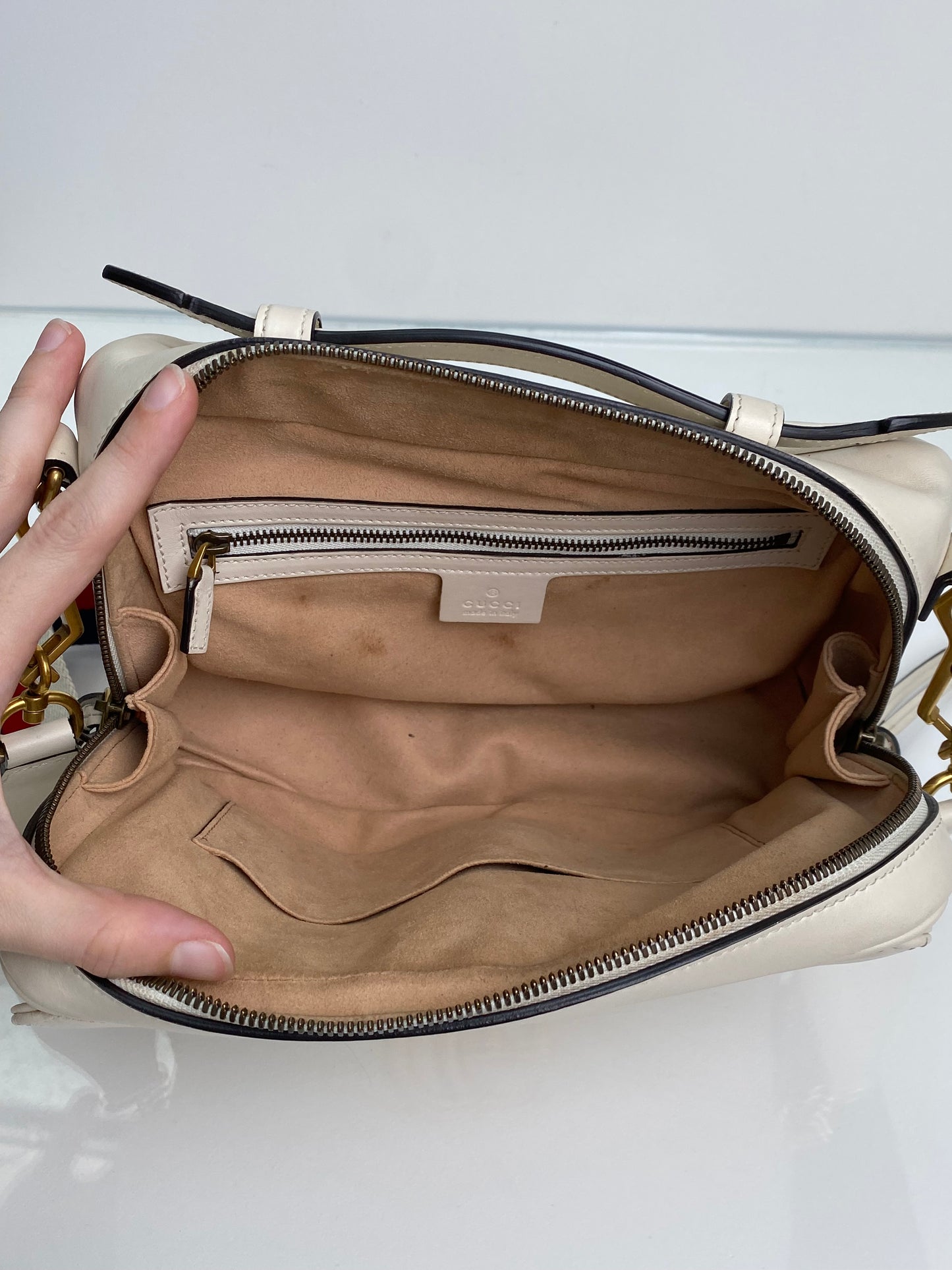 Gucci White & Web Stripe Strap Marmont Top Handle Bag GHW