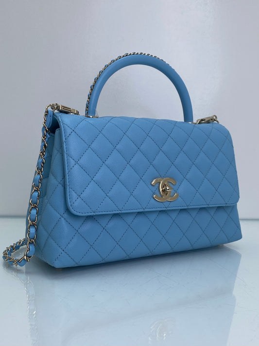 Chanel Coco Handle Medium Baby Blue Chain Detail GHW