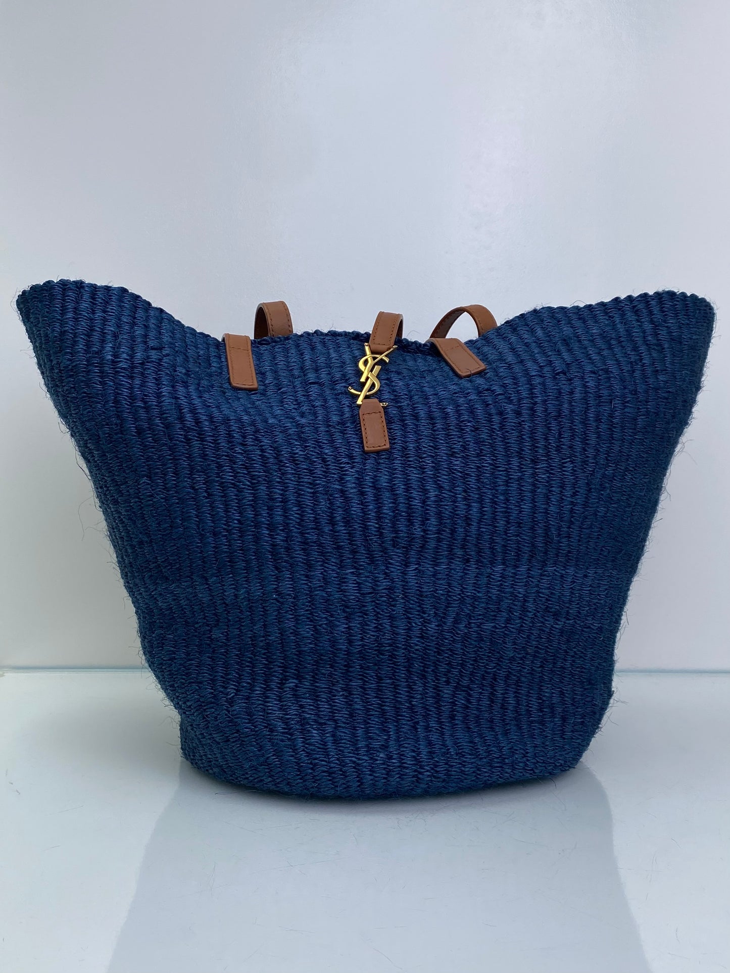 Saint Laurent Blue Panier Raffia Tote Bag GHW