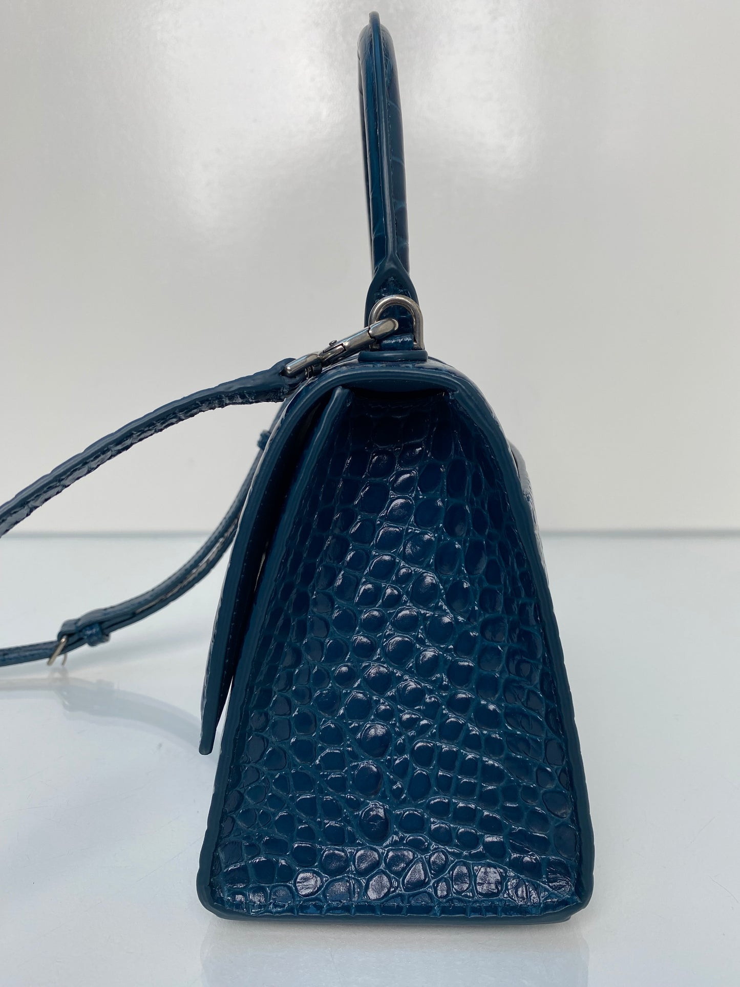 Balenciaga Teal Croc Embossed S Handle Hourglass Bag