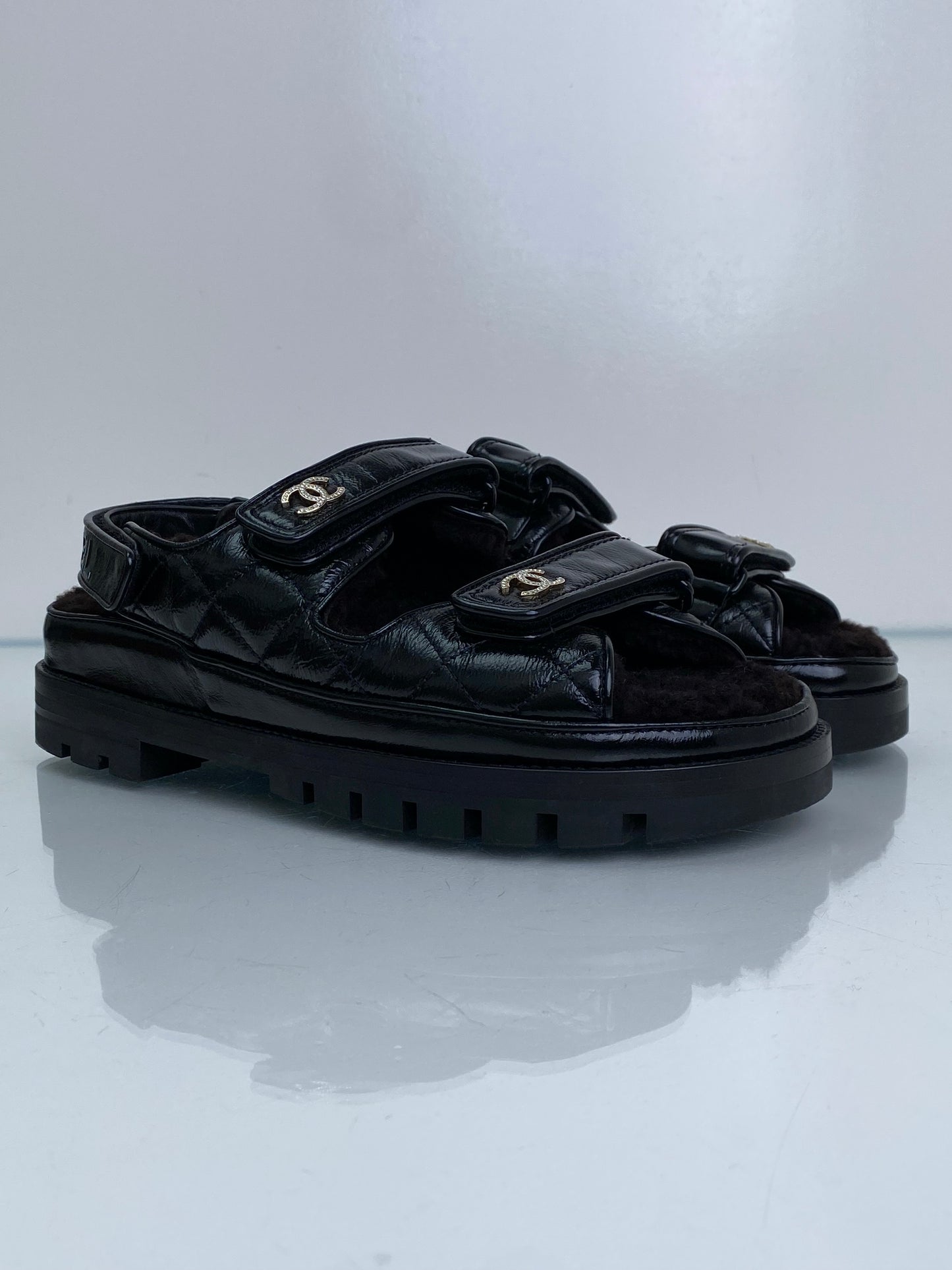 Chanel Black Patent Leather & Shearling CC Dad Sandals, 40