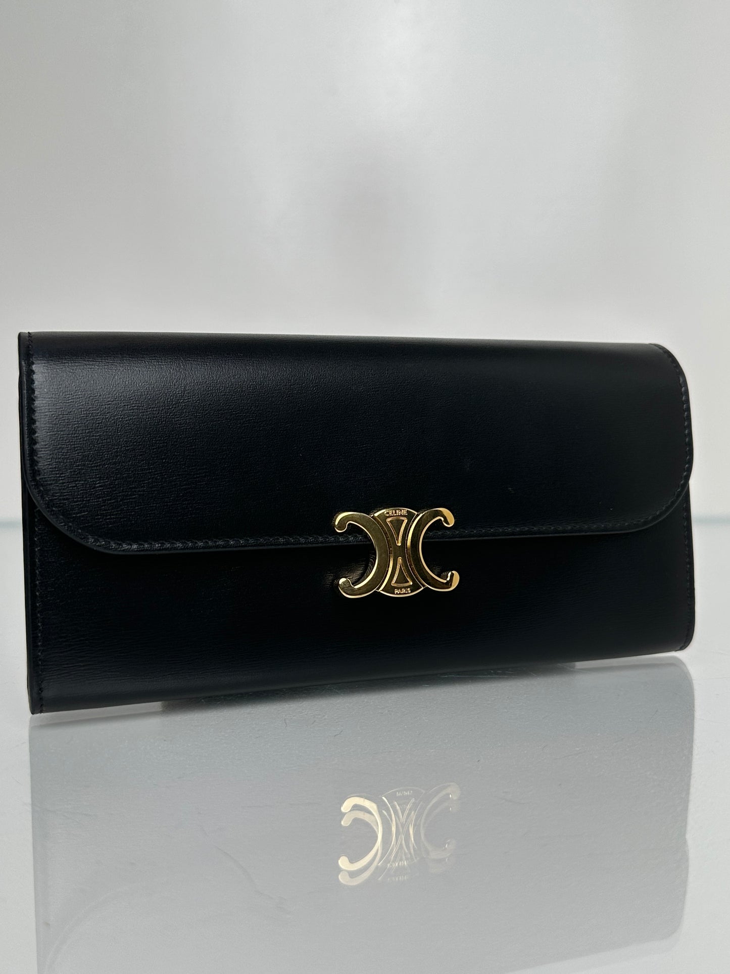 Celine Black Shiny Calfskin Large Triomphe Wallet GHW